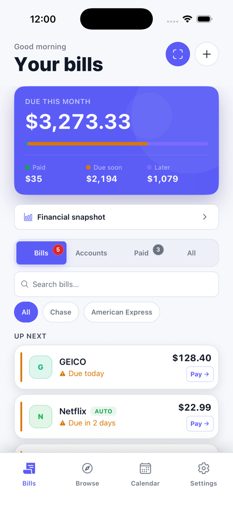 Your bills dashboard in Paidly.To