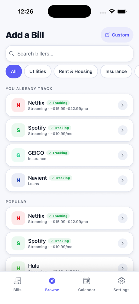 Browse and add bills in Paidly.To