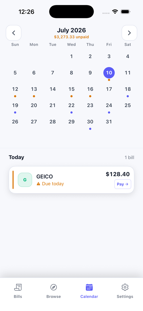 Bill due-date calendar in Paidly.To