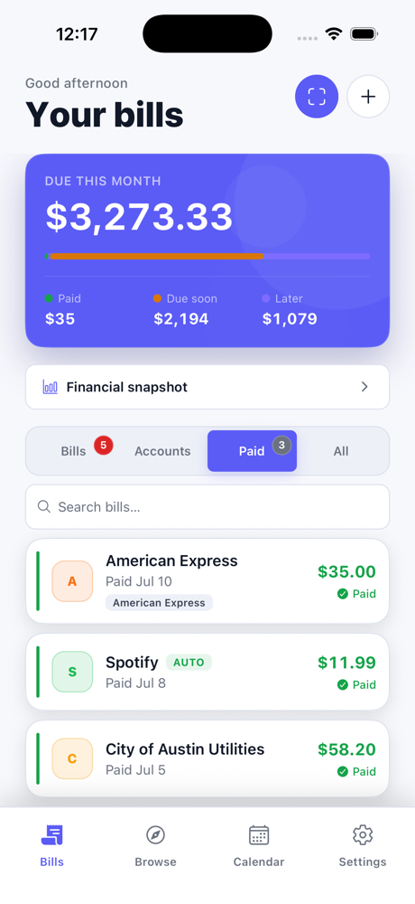 Paid bills list in the Paidly.To app
