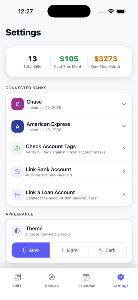 Privacy and linked bank settings in the Paidly.To app